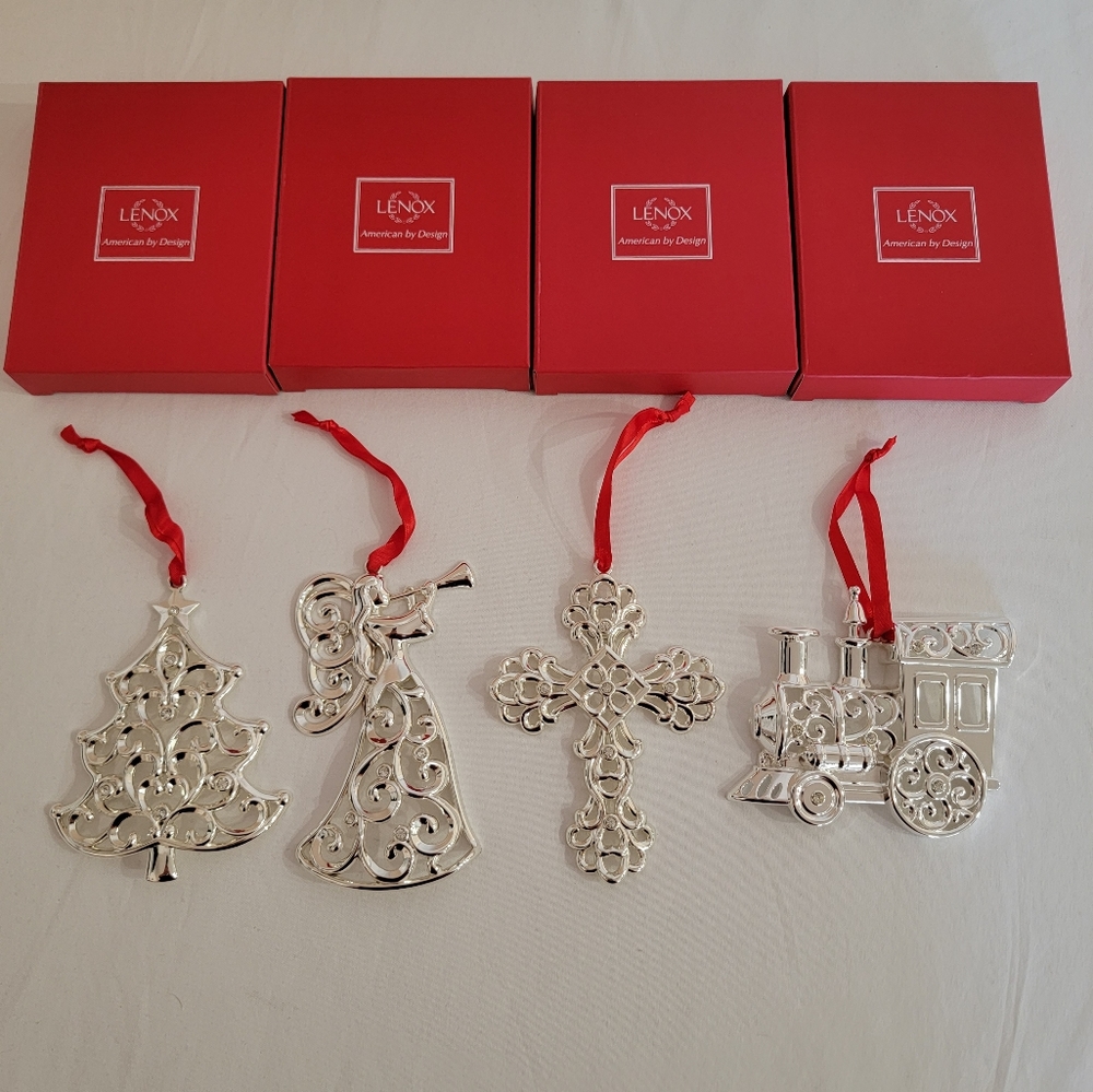 LENOX SPARKLE & SCROLL SILVER PLATED CHRISTMAS ORNAMENTS-SET OF 4